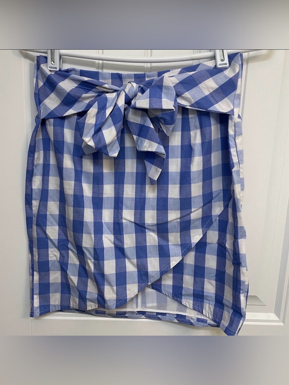 Adrienne Blue and White Gingham Asymmetrical Faux Wrap Skirt
